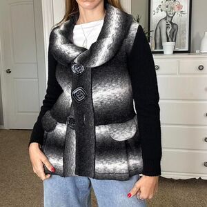 Mohair Soft, fuzzy black & white sweater with big funky buttons